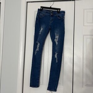 Fashion Nova Dark Blue Distressed Skinny Jeans